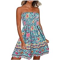 Women's Bohemian Casual Loose-Fitting Summer Dress Beach Print Flowy Sleeveless Knee Length Swing Round Neck Glamorous Blue