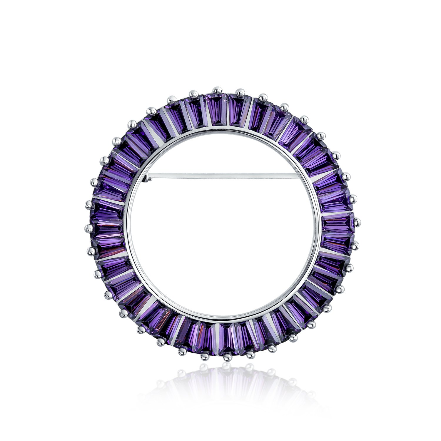 Purple Simulated Amethyst AAA CZ Baguette Cut Round Eternity Open Circle Scarf Brooch Pin For Women Bride Silver Plated
