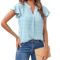 Rvidbe Women's Casual Dressy Short Petal Sleeve Shirts Pleated Fashion Front Key Hole Scoop Neck Solid Printed Loose Fit Tops