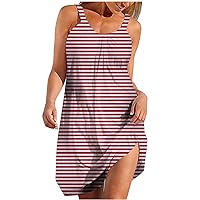 Women Casual Sleeveless Striped Tank Midi Dresses Holiday Vacation Summer Beach Cover Up Knee Length Dress