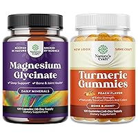 Bundle of Pure Magnesium Glycinate 400mg Per Serving for Mood Sleep and Relaxation and Turmeric Gummies for Adults Peach Flavor - Extra Strength Joint Support