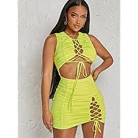 Women's Dress Lace Up Front Cut Out Ruched Bodycon Dress (Color : Lime Green, Size : X-Small)