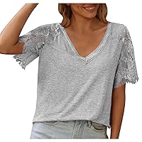 YZHM Womens V Neck T Shirts Lace Short Sleeve Shirts Soft Tees Casual Summer Tops Loose Fit Basic Tees Fashion Ladies Blouses