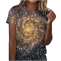 Women's Cosmic Galaxy Space Print T-Shirt Fashion 3D Graphic Tees Summer Short Sleeve Tops Crewneck Loose Fit Blouse