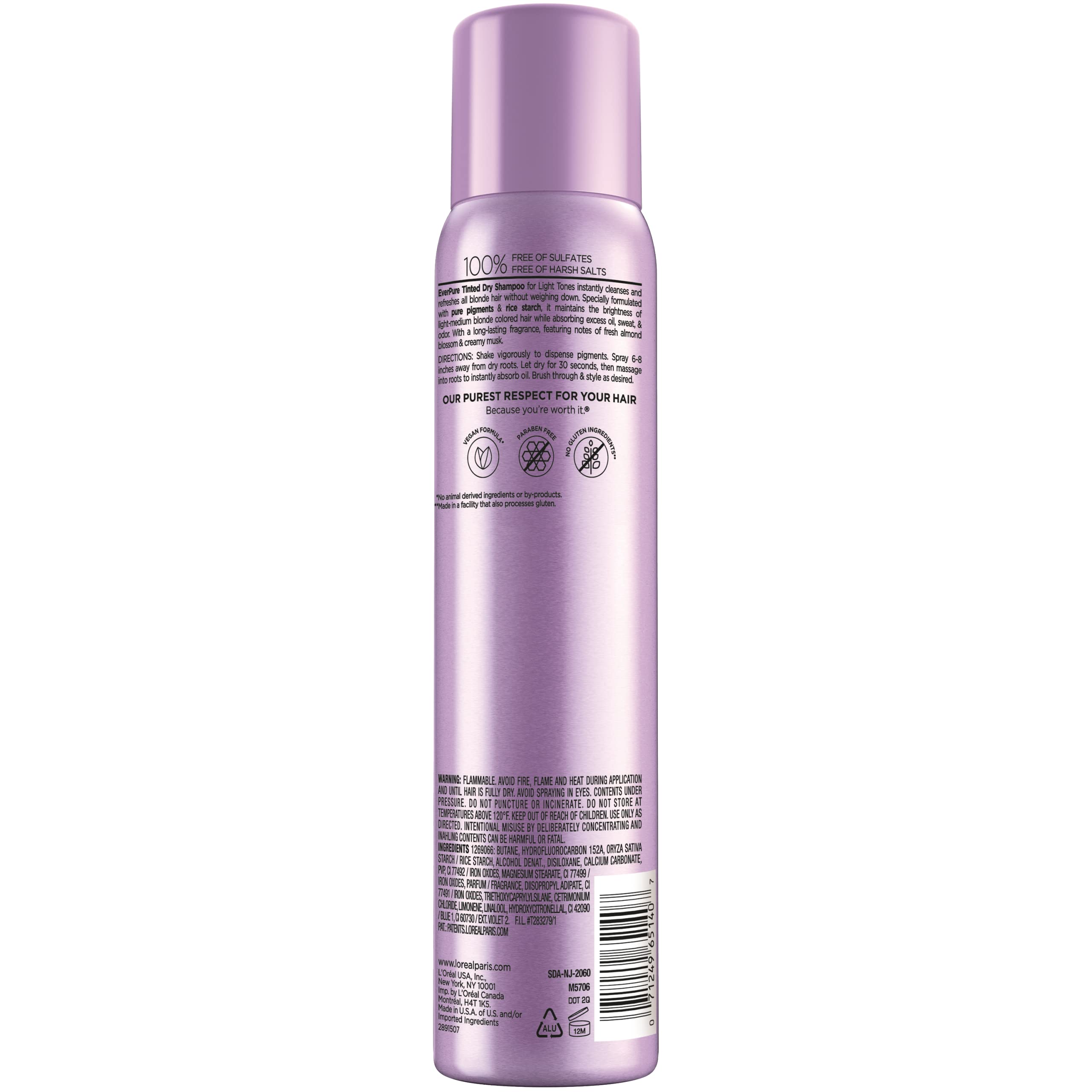 L'Oreal Paris EverPure Sulfate Free Tinted Dry Shampoo for Light Hair, for Blonde Hair, Absorbs Oil, Refreshes Colored Hair, with Rice Starch, Vegan Formula, Paraben Free, Gluten Free, 4 fl oz
