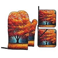 Oven Mitts and Pot Holders 4 Pcs Set High Heat Resistant Potholders with Pockets Autumn Fall Tree Kitchen Oven Gloves and Non-Slip Hot Pads for Cooking Baking Grilling