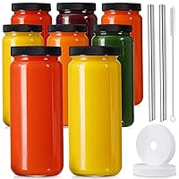 [ 8 Pack ] Glass Juicing Bottles with 2 Straws & 2 Lids w Hole- 16 OZ Travel Drinking Jars, Water Cups with Black Airtight Lids, Reusable Tall Mason Jar for Juice, Boba, Smoothie, Tea, Kombucha