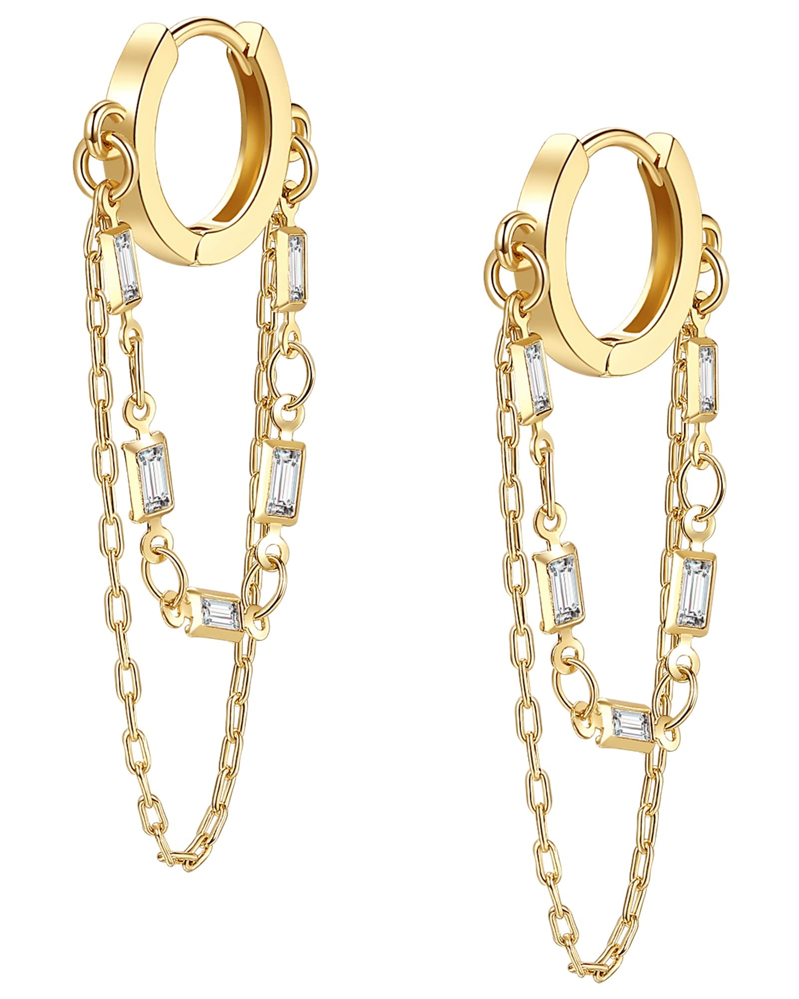 Shownee Tassel Chain Small Gold Hoop Dangle Earring For Women Girl Huggie Earring Heart Star CZ 14K Gold Plated Fashion Jewelry Friendship Gift For Teen Girls