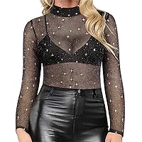 RITERA Women Plus Size Tops 4X Long Sleeve Sheer Mesh Shirt Sexy Glitter Blouse Black 4XL 26W