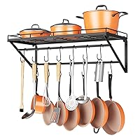 OROPY 31 Inch Wall Mounted Pot Rack Storage Shelf with 2 Tier Hanging Rails 14 S Hooks included, Ideal for Pans, Utensils, Cookware - Black