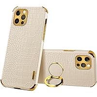 Guppy Compatible with iPhone 14 Pro Ring Holder Case Luxury Crocodile Cover Gold Edge 360 Degree Rotation Stand for Women Slim Leather Snake Lizard Skin Protective Cover case, 6.1Inch,White