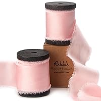 Ribbli Light Pink Silk Satin Ribbon 1.5 Inch x 12 Yard Handmade Frayed Chiffon Ribbon with Wooden Spool Pink Ribbon for Gift Wrapping Wedding Invitations Bridal Bouquets Home Decor