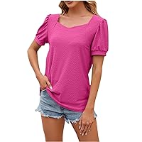 Women's Summer Casual Eyelet Tops Puff Sleeve Square Neck Tshirt Comfy Breathable Trendy Vacation Tunic Blouse Tee