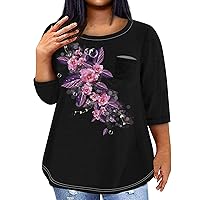 Plus Womens Summer Tops Plus Size Tops for Women 2024 Sparkly Casual Fashion Loose Fit Trendy with 3/4 Length Sleeve Round Neck Shirts Purple Pink 3X-Large