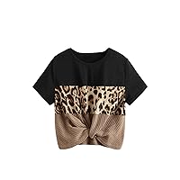COZYEASE Girls' Leopard Print Colorblock Twist Hem Round Neck Short Sleeve Tee Top