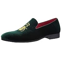 Men's Velvet Loafers Casual Slip on Dress Shoes with Gold Embroidery Smoking Slippers Flats