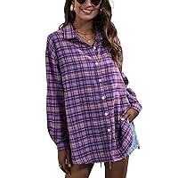 Flygo Womens Casual Long Sleeve Plaid Collar Button Down Boyfriend Shirt Blouse Top Purple