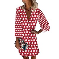 4th of July Dress Women Patriotic Dress for Women Sexy Casual Vintage Print with 3/4 Length Sleeve Deep V Neck Independence Day Dresses Red Small