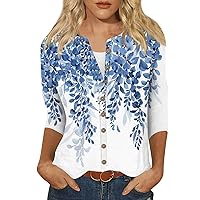 Womens Shirts Dressy Casual Womens Three Quarter Sleeve Tops Plus Size Dressy Tops for Women Shirts for Women Trendy Summer Dressy Blue 3XL Cotton Linen 3/4 Sleeve Tops Blues