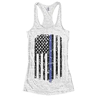 Threadrock Women's Thin Red & Blue Line American Flag Burnout Racerback Tank Top