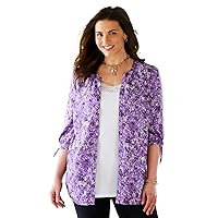 Catherines Women's Plus Size Georgette Buttonfront Tie Sleeve Cafe Blouse - 0X, Purple Print