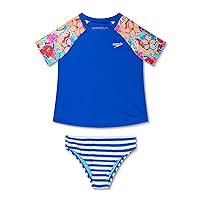 Speedo Girls' Printed Short Sleeve Rash Guard t-Shirt Two Piece Swim Set