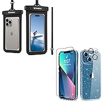 MIODIK Bundle - for Waterproof Phone Pouch + iPhone 13 Case, with Detachable Lanyard + 9H Tempered Glass Screen Protector + Camera Lens Protector - Black + Clear