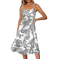 Summer Dresses for Women 2023 Floral Boho Sleeveless V Neck Spaghetti Strap A Line Casual Sundresses with Pockets