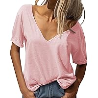 Women's Fashion Deep V Neck Short Sleeve Top Solid Color Casual Loose Basic T Shirt Yoga Shirts for Women Loose fit