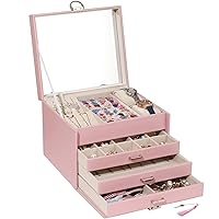 BOOVO 4 Layer Jewelry Box for Women, Jewelry Organizer Box with Necklace Hooks, 3 Drawers White Jewelry Box for Sunglasses, Necklace and Bracelet Storage (Pink)