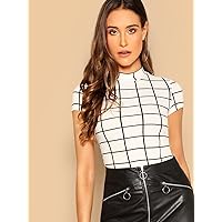 Women's T-Shirt Mock Neck Grid Crop Top (Color : White, Size : Small)