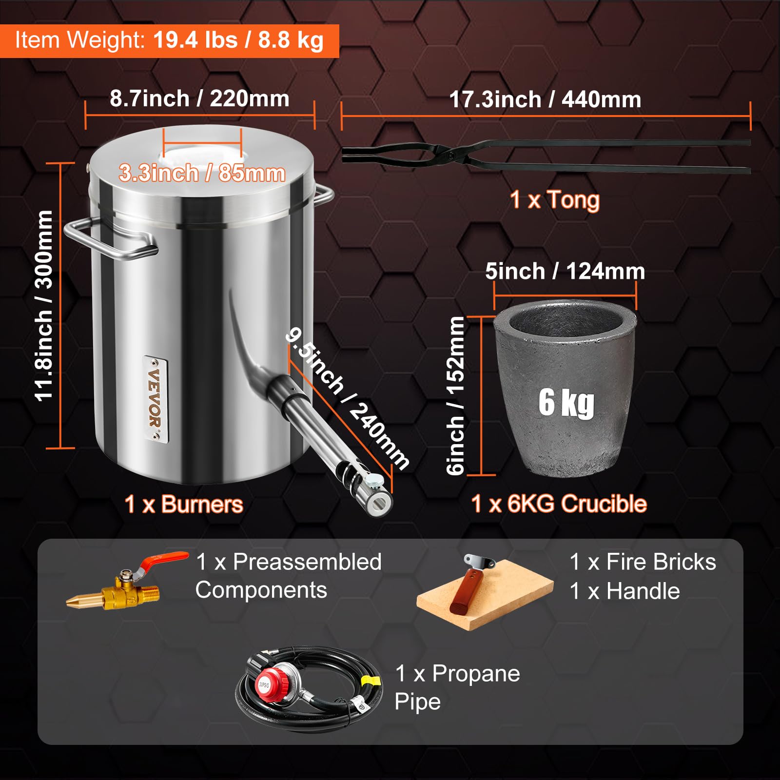 VEVOR Propane Melting Furnace Kit, 6KG Large Capacity Foundry Home Kilns, Blacksmithing Forge with Crucible & Tongs Kiln, Stainless Steel Smelter, for Metal Scrap Recycle, Gold Copper Silver Casting