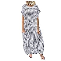 Baggy Crew Neck Dress for Women 2024 Summer Casual Comfy Cap Sleeve Tunic Beach Dresses Polka Dot Print Vacation Maxi Dress