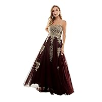 Womens Burgundy Rhinestone Embroidered Lace-up Corset Zippered Tull Floral Sleeveless Sweetheart Neckline Full-Length Party Gown Dress Juniors 3