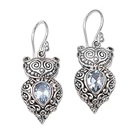 NOVICA Handmade .925 Sterling Silver Blue Topaz Dangle Earrings Owl from Java Indonesia Animal Themed Birthstone [1.6 in H x 0.6 in W x 0.3 in D] 'Owl Teardrops'