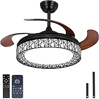 Ohniyou 42 Inch Retractable Ceiling Fan with Lights and APP Remote Control, Farmhouse Ceiling Fan Light Black, 4 Retractable Blades Modern Ceiling Fans with Reversible Noiseless 3 Color Light
