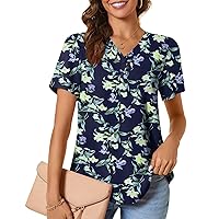 Anydeer Women's Tops Short Sleeve Chiffon Blouses Summer Henley Shirts Dressy Tunics Casual Button Tee
