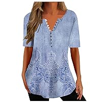 Womens Tunics Henley Shirt V-Neck Button Down Blouse Tops Casual Floral Printed Basic Pullover Workout Blouses