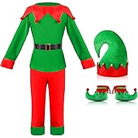 Hicarer Christmas Elf Costume Set Elf Dress up Santa's Helper Costume Xmas Suit with Elf Hat Shoes Gold Buckle Belt
