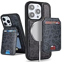 iPhone 15 Pro Max case with Credit Card Holder mag Safe, iPhone 15 Pro Max Phone Leather Case Wallet for Women Compatible magsafe Wallet Detachable 2-in-1 for Men-Black Leopard