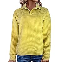 Women's Girls Long Sleeve Shirts Casual Loose V-Neck Lapel Solid Corn Plaid Sleeved Sweater Tops, S-2XL