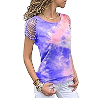 Andongnywell Women's Tie Dye Gradient Shirt Crewneck Off Shoulder Short Sleeve T-Shirt Loose Pullover Casual Color Top