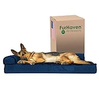 Furhaven Orthopedic Dog Bed for Large Dogs w/ Removable Bolsters & Washable Cover, For Dogs Up to 95 lbs - Plush & Velvet L Shaped Chaise - Deep Sapphire, Jumbo/XL