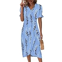 Women's Button Irregular Hem Wrap Midi Dress Elegant Puff Sleeve V Neck Solid Color Cocktail Party Dresses