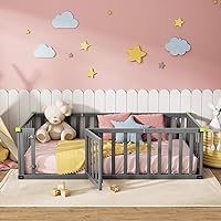 ROOMTEC Twin Size Montessori Floor Bed Soild Wooden, Toddler Bed Frame w/Convertible Door and Safety Fence, Floor-Bed-Frame for Children Bedroom, Toddlers, Boys Girls, Kids Playroom, Grey