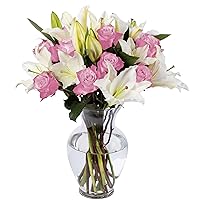 BENCHMARK BOUQUETS - Roses & Lilies (Glass Vase Included), Next-Day Delivery, Gift Mother’s Day Fresh Flowers