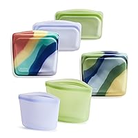 Stasher Reusable Silicone Storage Bag, Food Storage Container, Microwave and Dishwasher Safe, Leak-free, Bundle 6-Pack, Rainbow Splash + Blue Current + Green + Lavender