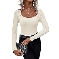 SweatyRocks Women's Ribbed Knit Long Sleeve Top Casual Square Neck Slim Fit Pullover Sweater Apricot Large