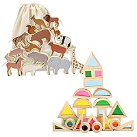 Bundle of Wooden Zoo Animal Blocks Stacking and Balancing Toy and Wooden Building Blocks for Tg Blocks, Large Colored Window Blocksoddlers 1-3, Wooden Rainbow Kids Stackin