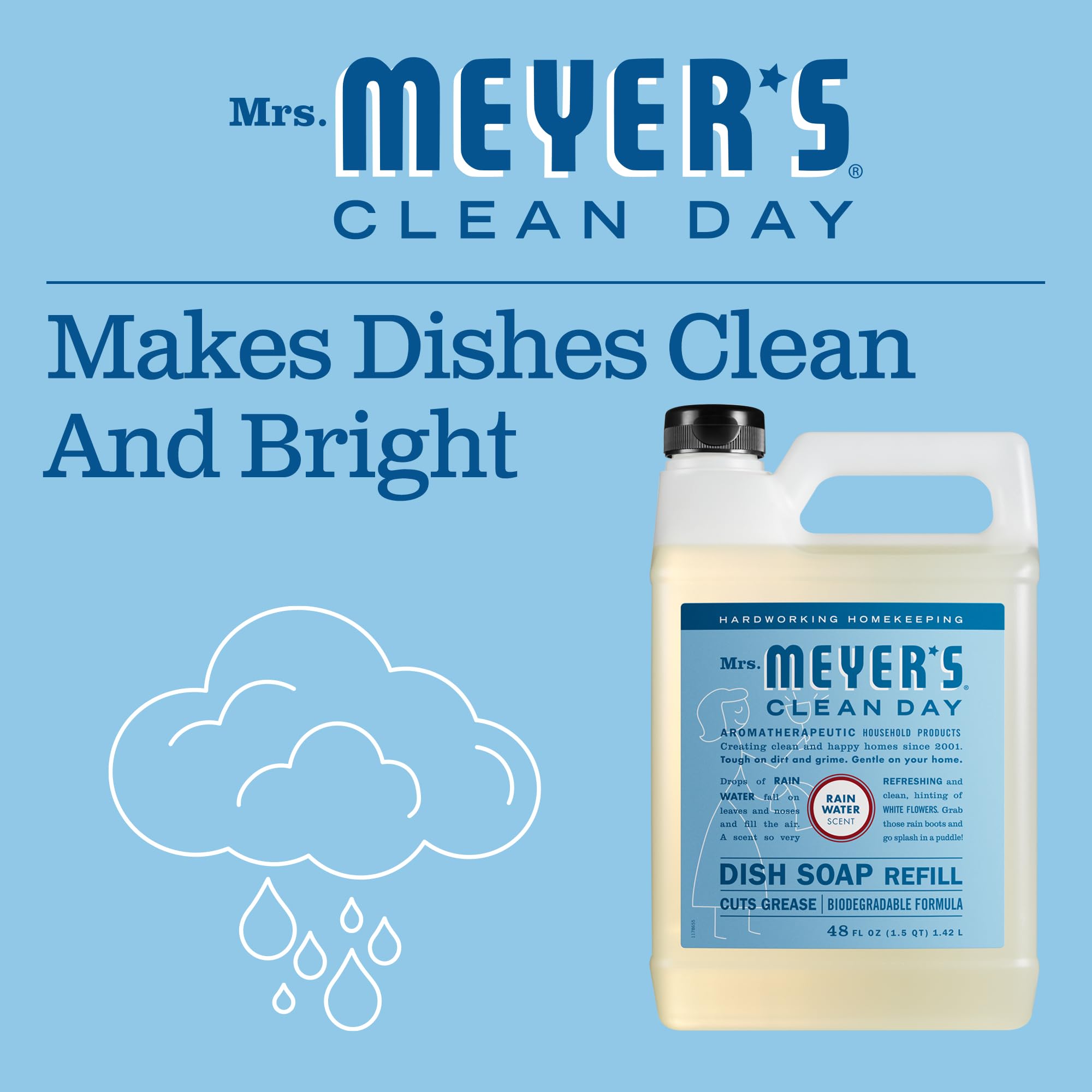 Mrs. Meyer's Liquid Dish Soap Refill, Biodegradable Formula, Rain Water, 48 fl. oz